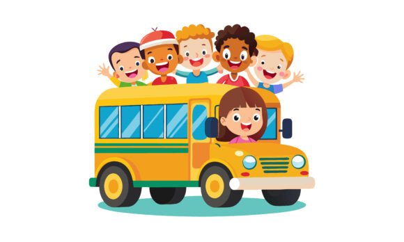 Children on a School Bus Ride: A Charming Embroidery Design